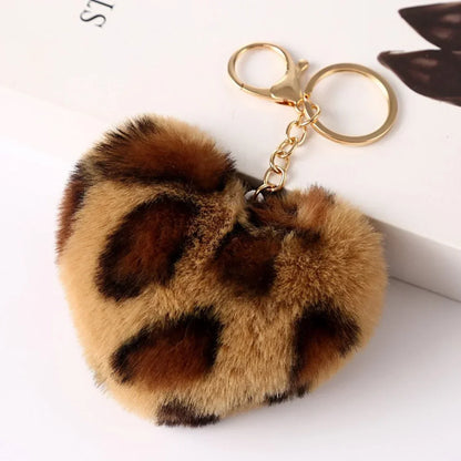 Heart Plush Pompom Keychain Leopard Print Bag Charm