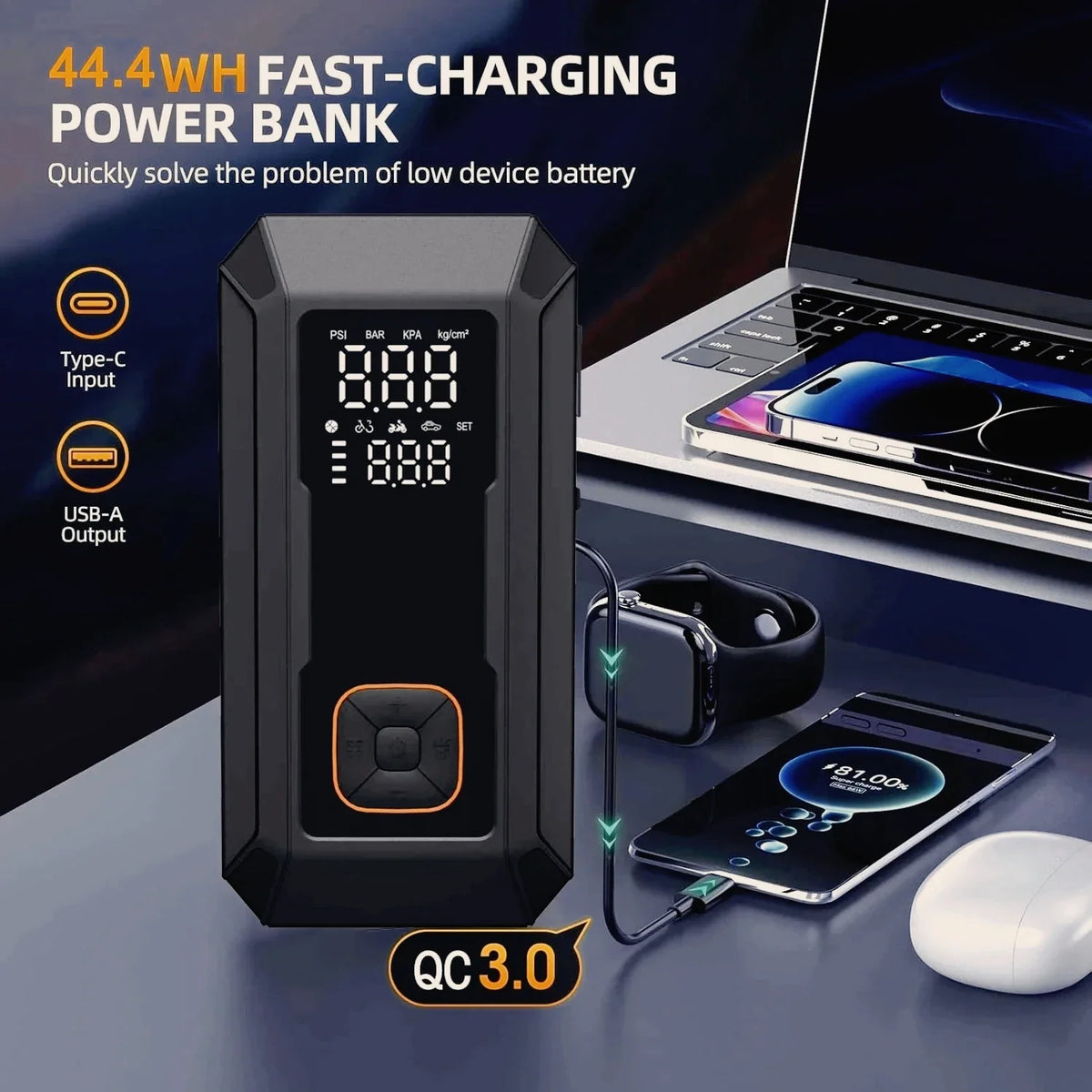 Car Jump Starter with Air Pump 4000A Jump Starter &150PSI Air Compressor, Portable Auto Power Banlk ,Tire Inflator, LED Light