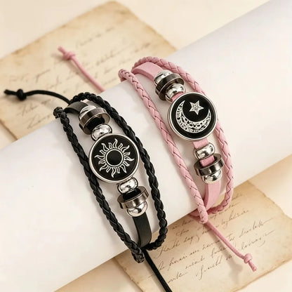 2pcs/set Sun and Moon Lovers Leather Bracelet Punk Multi-Layered Beaded Braided Adjustable Bracelet Set For Couple Jewelry