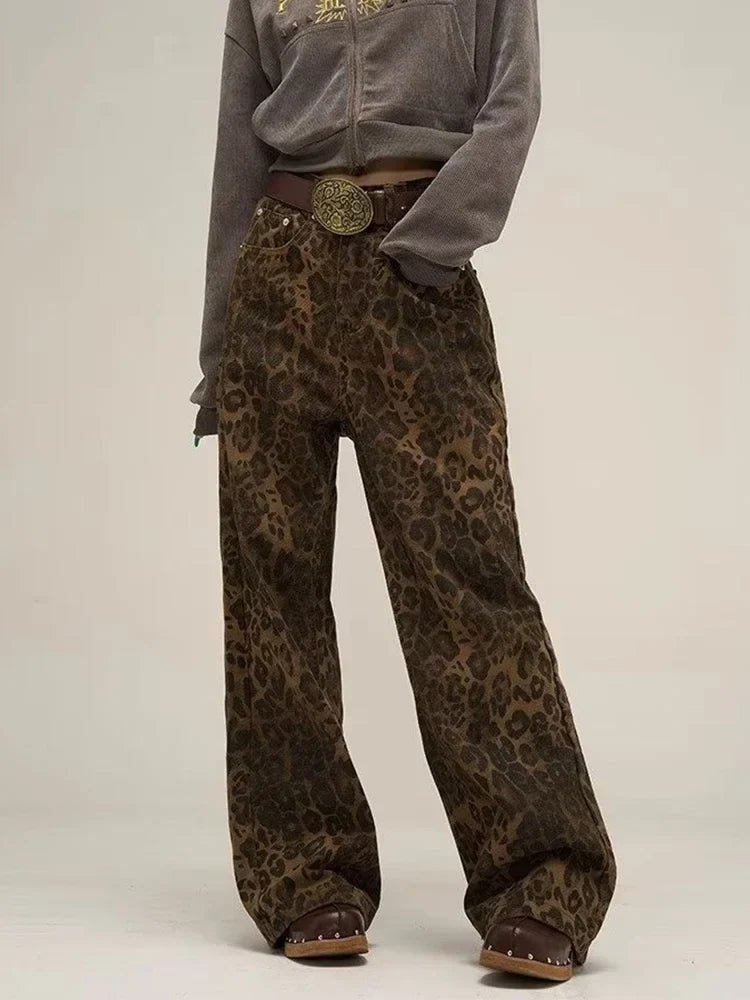 Leopard Print Y2k Jeans Women Oversized Wide Leg Denim Trousers Streetwear
