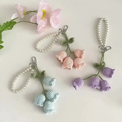 Elegant Floral Crochet Pearl Keychain Bluebell Bag Charm