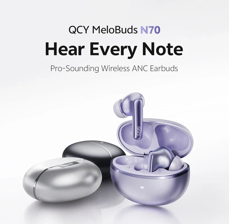 QCY MeloBuds N70 Adaptive ANC Wireless Earbuds Bluetooth 6.0 LDAC Hi-Res Audio 6 Mics Wireless Charging Earphones 50Hrs IPX5