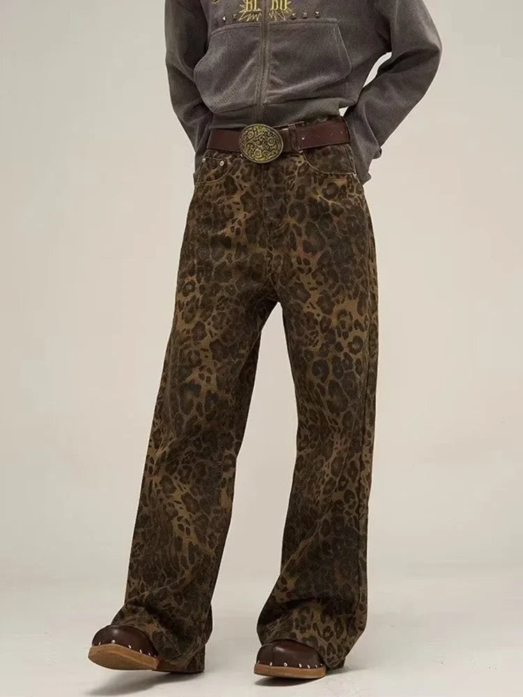 Leopard Print Y2k Jeans Women Oversized Wide Leg Denim Trousers Streetwear