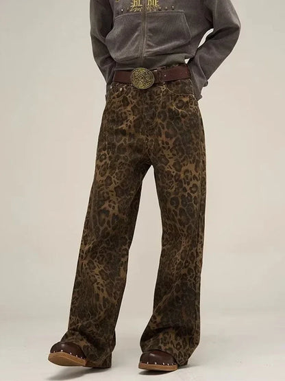 Leopard Print Y2k Jeans Women Oversized Wide Leg Denim Trousers Streetwear
