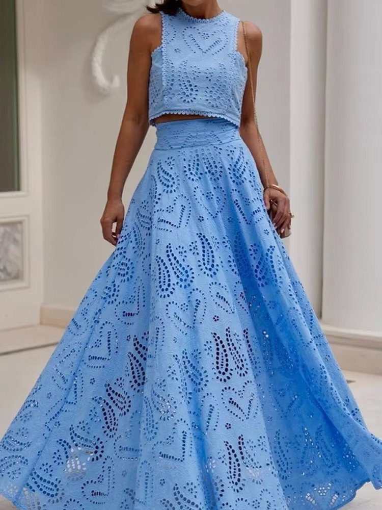 Sunset Bloom Eyelet Two-Piece Maxi Set