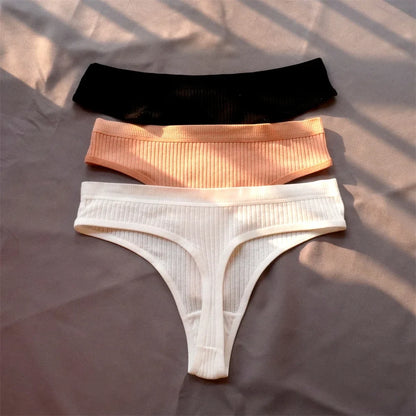 Cotton Ribbed Thong 3PCS Women's Seamless Low Rise G String