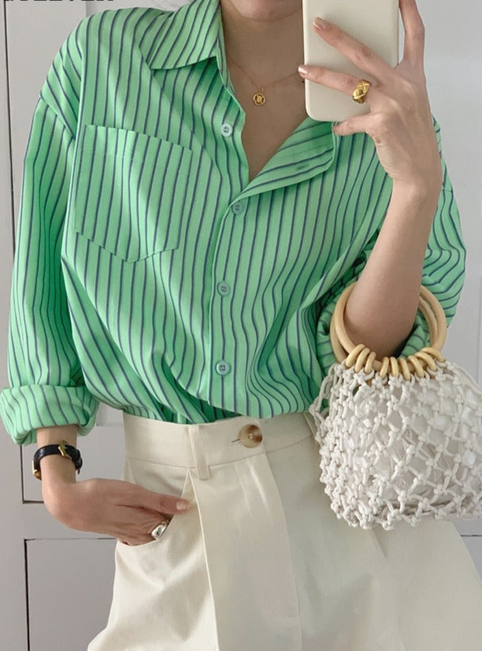 Spring Autumn Striped Blouses Long Sleeve Single-breasted Pocket Women Shirts Tops