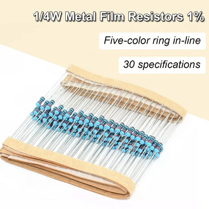 300/600pcs 1% Resistor Set Resistance 1/4W Metal Film Resistors Kit 10Ohm ~1M Ohm 30Values Electronic Components Kit