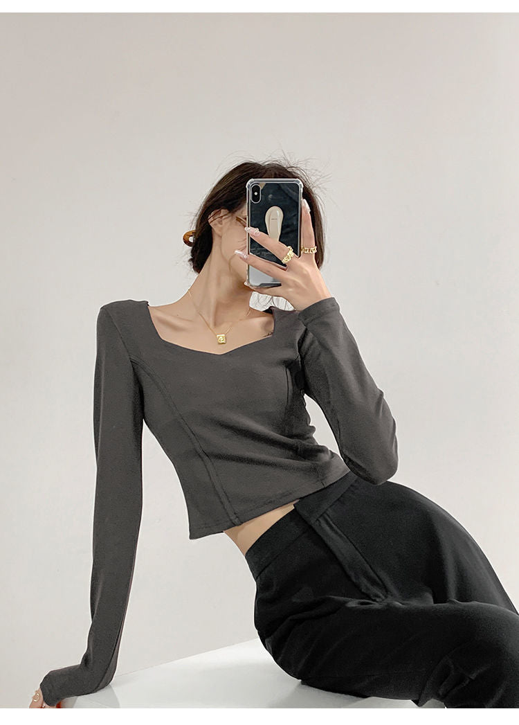 Fishbone Pattern Women's Long Sleeve T-shirt High Waist Slim Square Collar Tops Woman