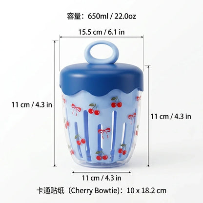 WORTHBUY Double Wall Salad Cup Portable Leak Proof Oat Container With Fork&Handle Drain Fruit Cup Cute Breakfast Cup For Student