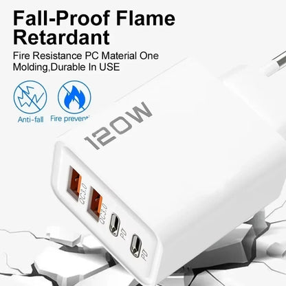 4 Port USB Charger Total 120W Fast Charging EU/US/UK Plug Wall Charger Mobile Phone Power Adapter For Phone Charge Type C Cable