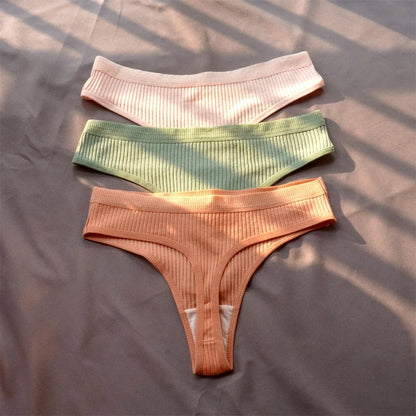 Cotton Ribbed Thong 3PCS Women's Seamless Low Rise G String