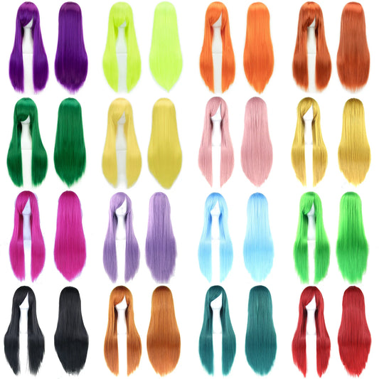 Soowee 80cm Long Synthetic Hair White Purple Cosplay Wigs Party Black Hair Straight Wig Hairpiece for Women