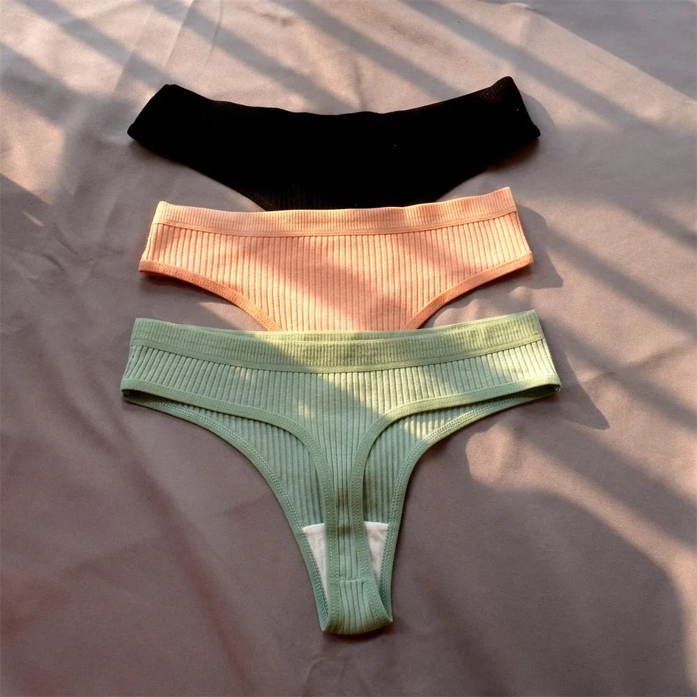 Cotton Ribbed Thong 3PCS Women's Seamless Low Rise G String