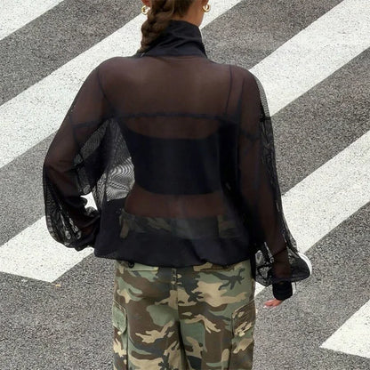 Summer Women's Y2K Streetwear Vintage Chinese Style Sheer Mesh Stand Collar Long Sleeve Loose Side Stripe Frog Button Jacket