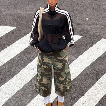 Summer Women's Y2K Streetwear Vintage Chinese Style Sheer Mesh Stand Collar Long Sleeve Loose Side Stripe Frog Button Jacket