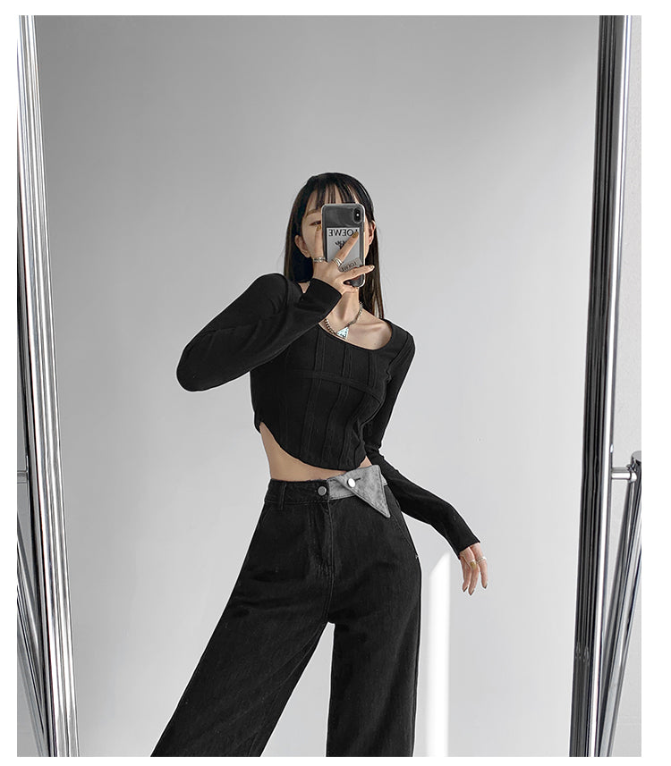 Fishbone Pattern Women's Long Sleeve T-shirt High Waist Slim Square Collar Tops Woman