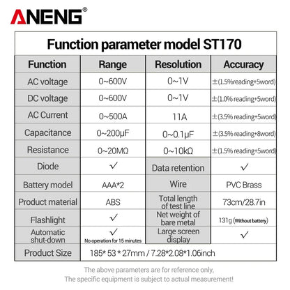 ANENG ST170 Digital Clamp Meter Multimeter 500A AC Current AC/DC Voltage Tester Resistance Capacitance Diode Test NCV Large Screen Flashlight Auto Power Off Electrician Tools