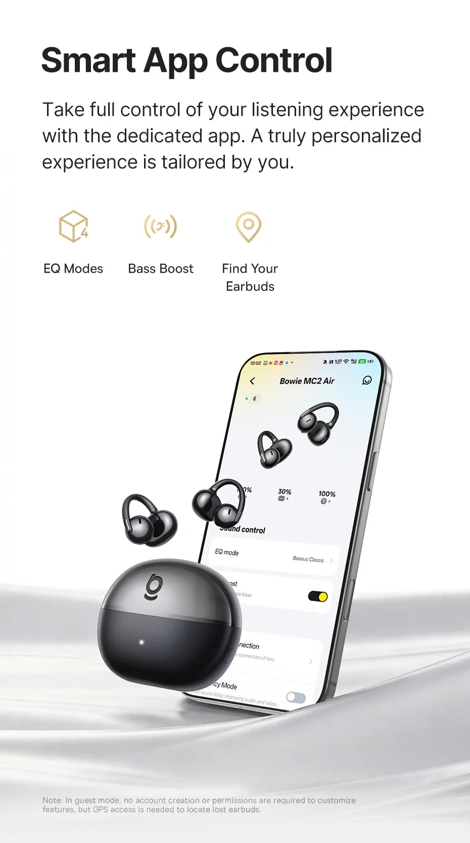 Baseus Bowie MC2 AIR Clip-on TWS Earbuds Ear Clips Wireless Earphones Bluetooth 6.0   Open Earrings 4 Mic ENC Sports Headphones