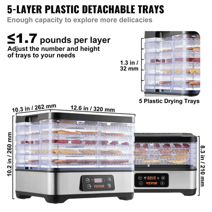 SucceBuy 5 Tray Food Dehydrator Machine 300W Stainless Steel Electric Food Dryer w/ Digital Adjustable Timer & Temperature