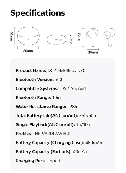 QCY MeloBuds N70 Adaptive ANC Wireless Earbuds Bluetooth 6.0 LDAC Hi-Res Audio 6 Mics Wireless Charging Earphones 50Hrs IPX5