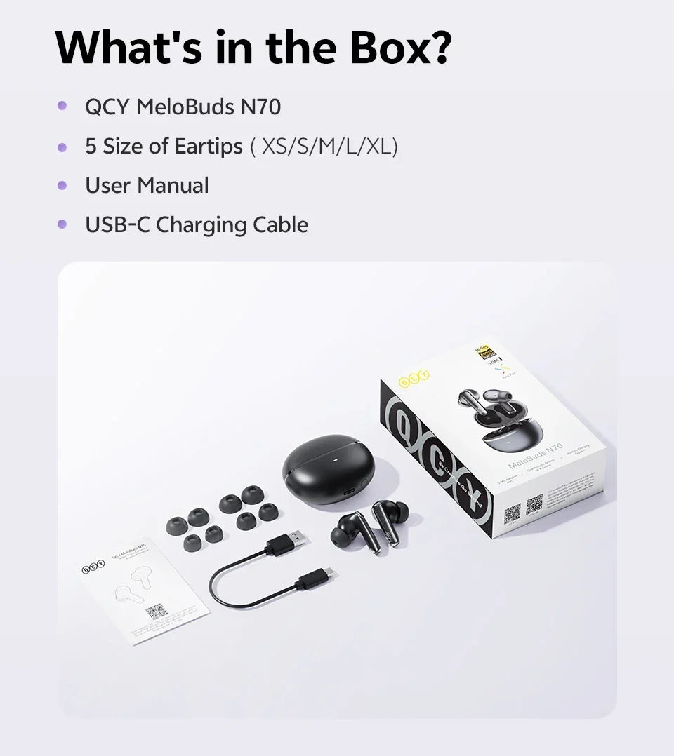 QCY MeloBuds N70 Adaptive ANC Wireless Earbuds Bluetooth 6.0 LDAC Hi-Res Audio 6 Mics Wireless Charging Earphones 50Hrs IPX5