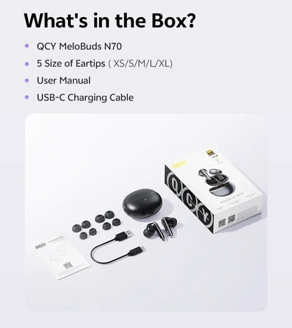 QCY MeloBuds N70 Adaptive ANC Wireless Earbuds Bluetooth 6.0 LDAC Hi-Res Audio 6 Mics Wireless Charging Earphones 50Hrs IPX5