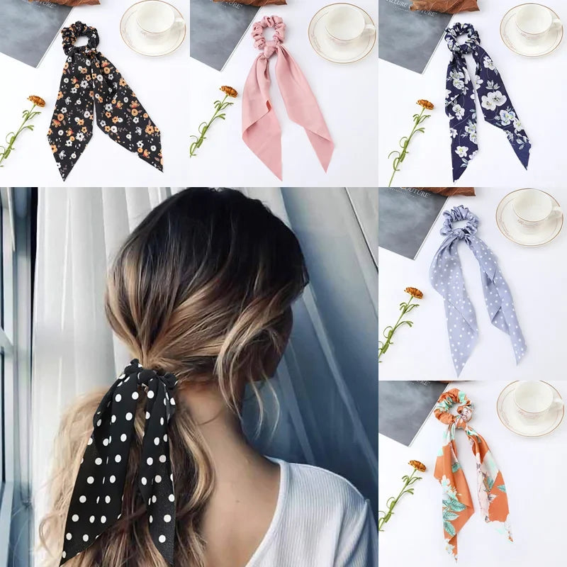 Floral Satin Bow Scrunchie with Long Ribbon Scarf