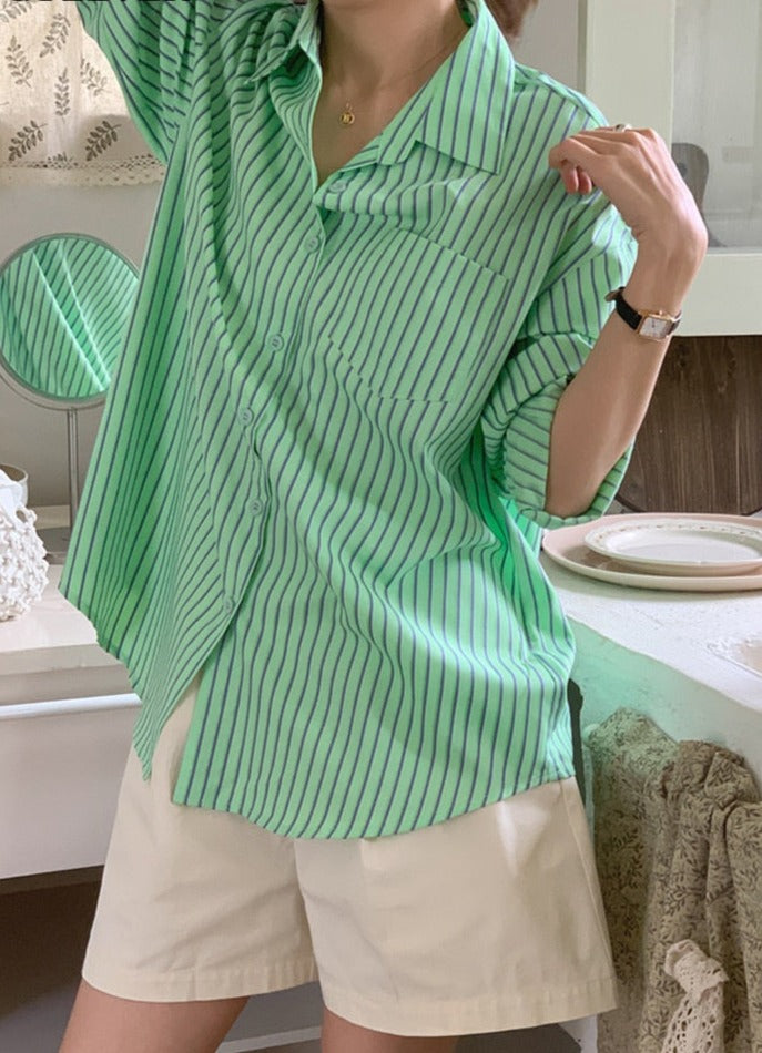 Spring Autumn Striped Blouses Long Sleeve Single-breasted Pocket Women Shirts Tops
