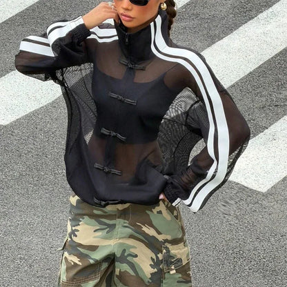 Summer Women's Y2K Streetwear Vintage Chinese Style Sheer Mesh Stand Collar Long Sleeve Loose Side Stripe Frog Button Jacket