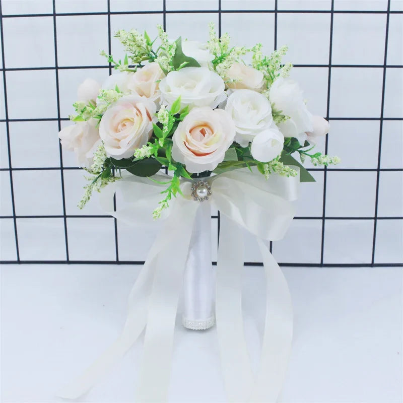 White Rose Wedding Bouquet – Handmade Silk Bridal Flowers