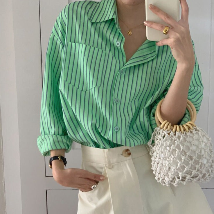 Spring Autumn Striped Blouses Long Sleeve Single-breasted Pocket Women Shirts Tops