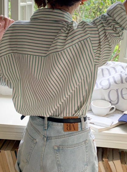 Spring Autumn Striped Blouses Long Sleeve Single-breasted Pocket Women Shirts Tops