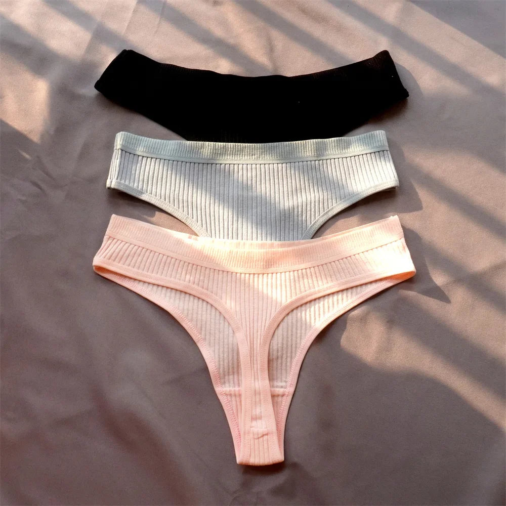 Cotton Ribbed Thong 3PCS Women's Seamless Low Rise G String