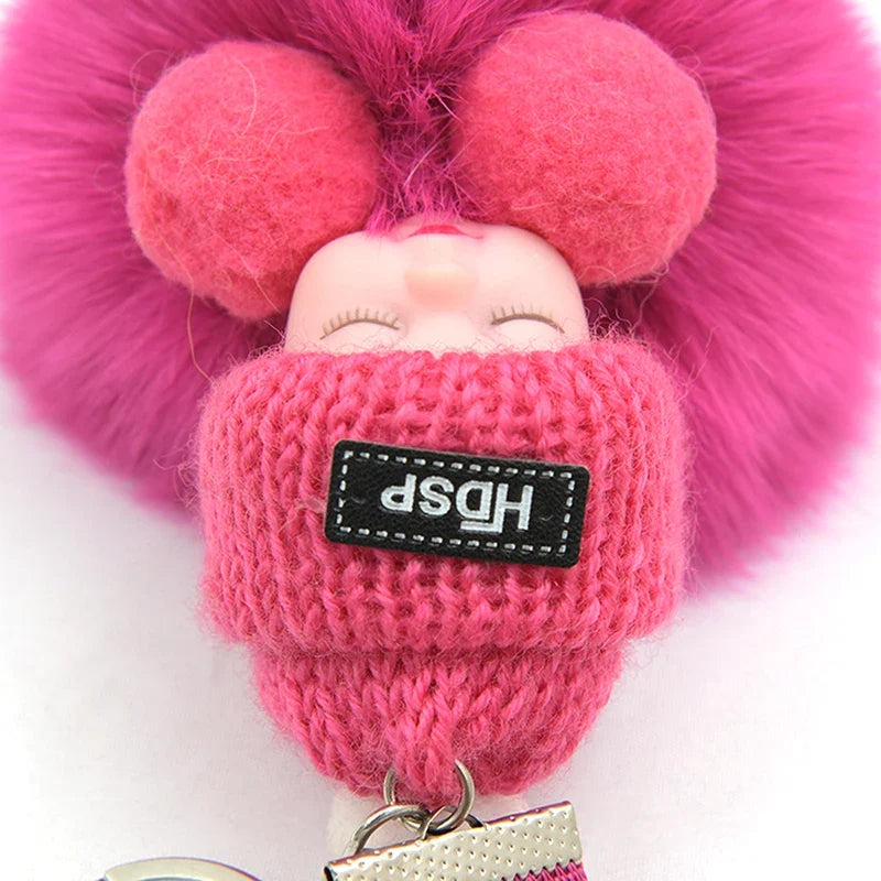 Sleeping Baby Pompom Plush Keychain Cute Fluffy Bag Charm