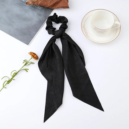 Floral Satin Bow Scrunchie with Long Ribbon Scarf