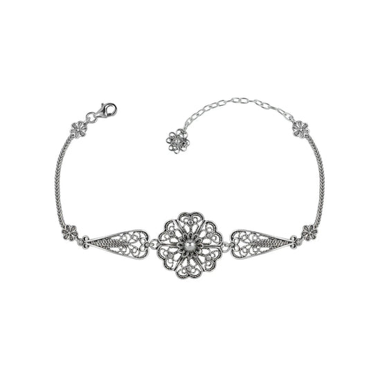 Sterling Silver Filigree Art Clover Flower Design Woman Link Bracelet