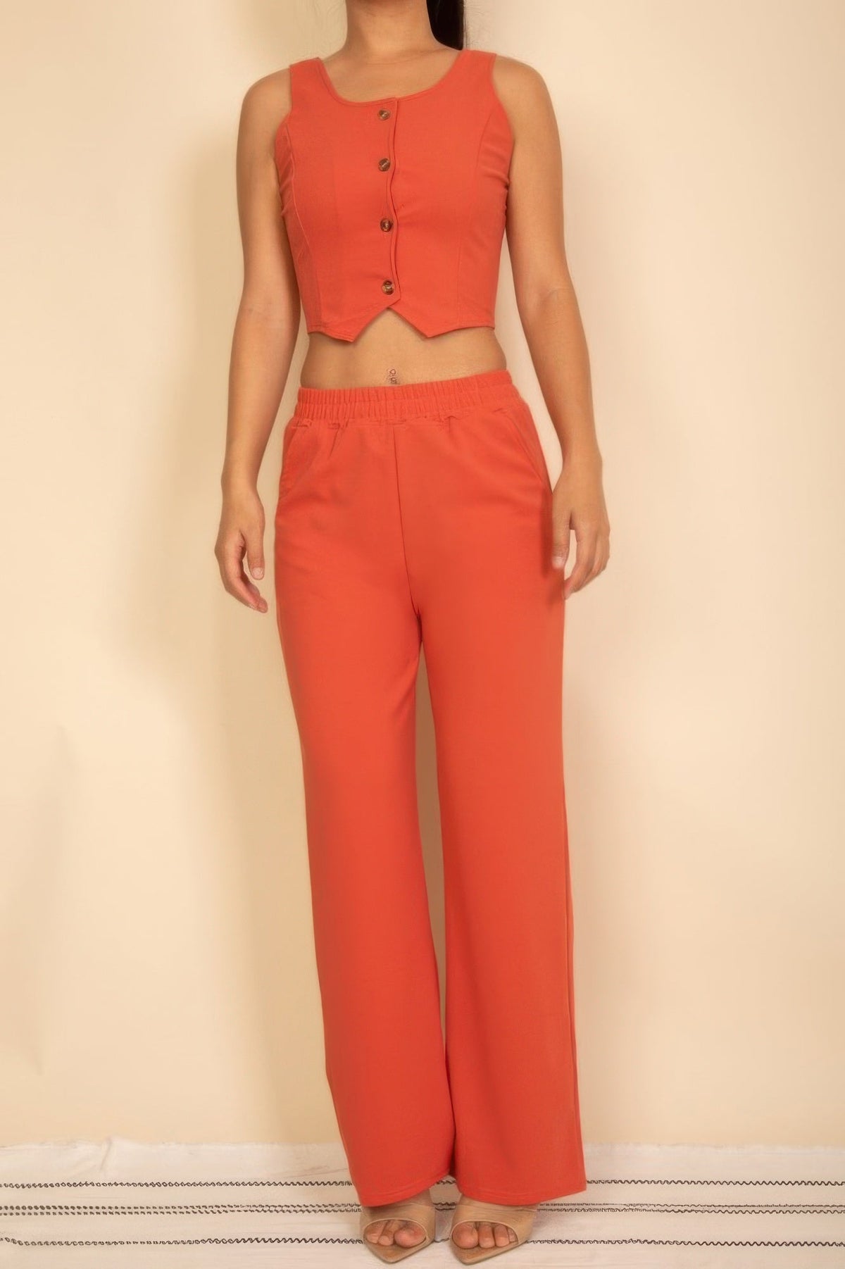 Scoop Neck Button Vest & Wide Leg Pants Set