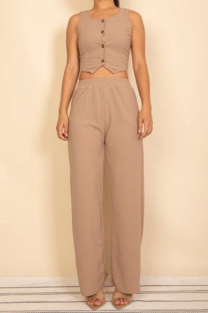 Scoop Neck Button Vest & Wide Leg Pants Set
