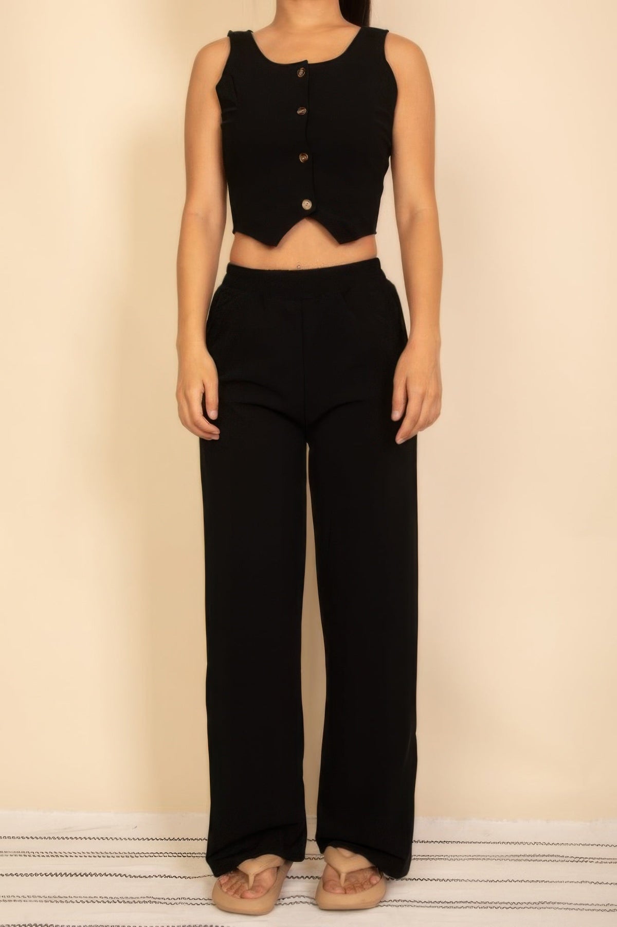 Scoop Neck Button Vest & Wide Leg Pants Set