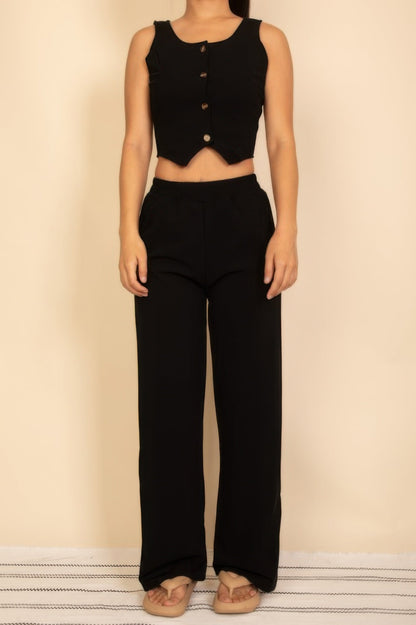 Scoop Neck Button Vest & Wide Leg Pants Set