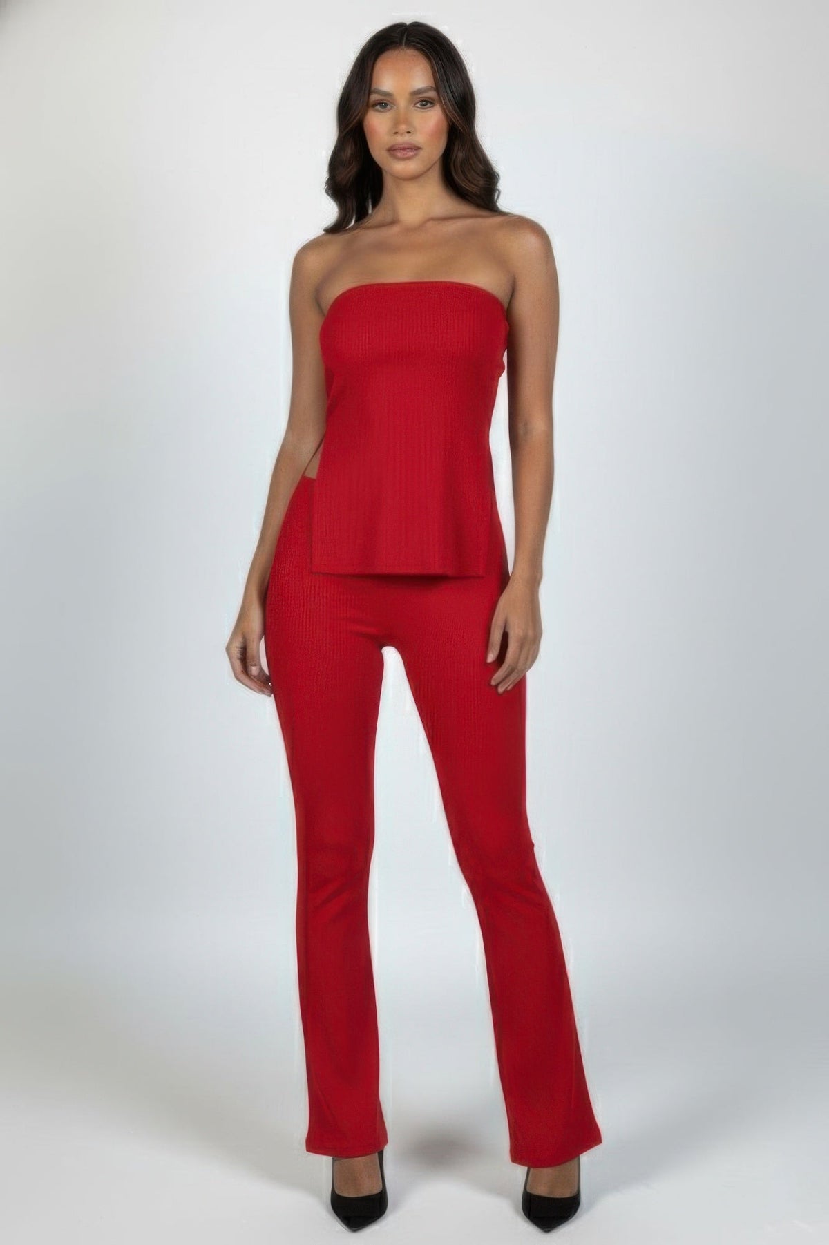 Ribbed Slit Tube Top & High-waist Flare Pants Set