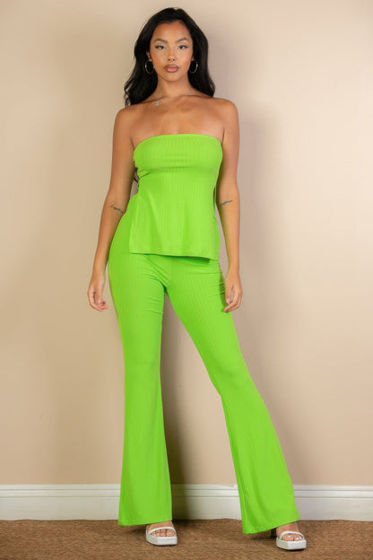 Ribbed Side Slit Bandeau Top & Flare Pants Set