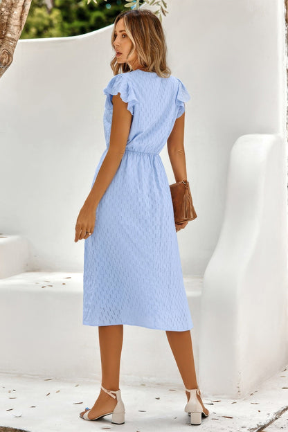 V Neck Short Sleeve Solid Ruffle A Line Midi Dress