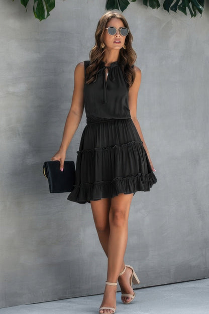 Sleeveless Tie Neck Frill Trim Tiered Layer Dress