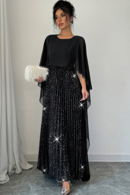 Elegant Sequin Satin Knit Pleated Long Dress