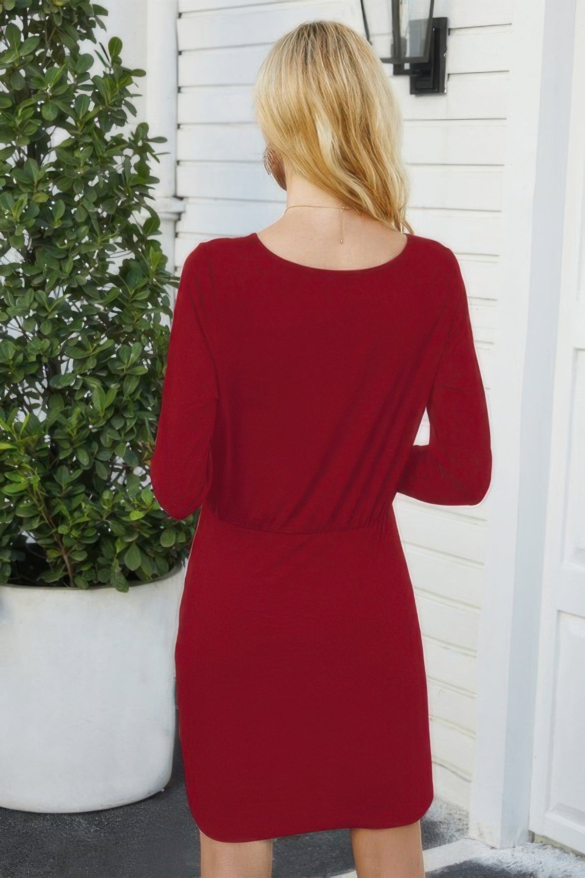 Solid Crew Neck High Waist Drawstring Dress
