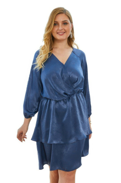Plus Size Solid V Neck Ruffled Hem Dress