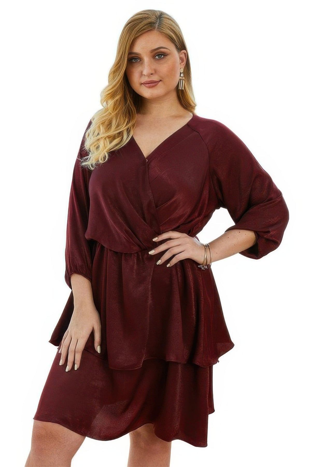 Plus Size Solid V Neck Ruffled Hem Dress