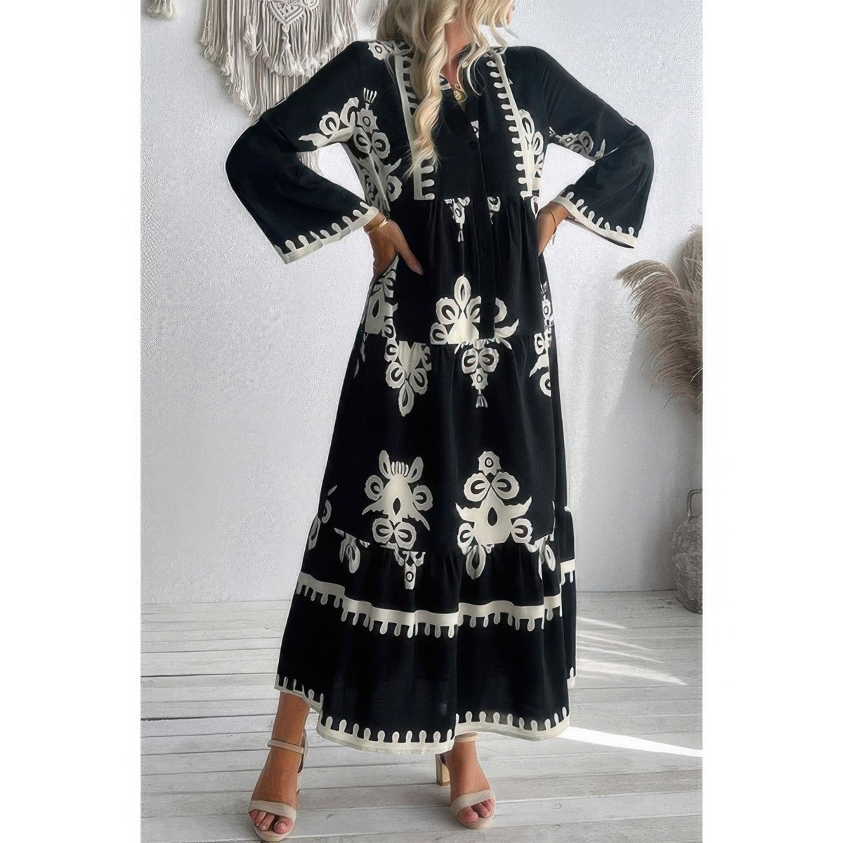 V Neck Stand Collar Button Floral Splicing Dress
